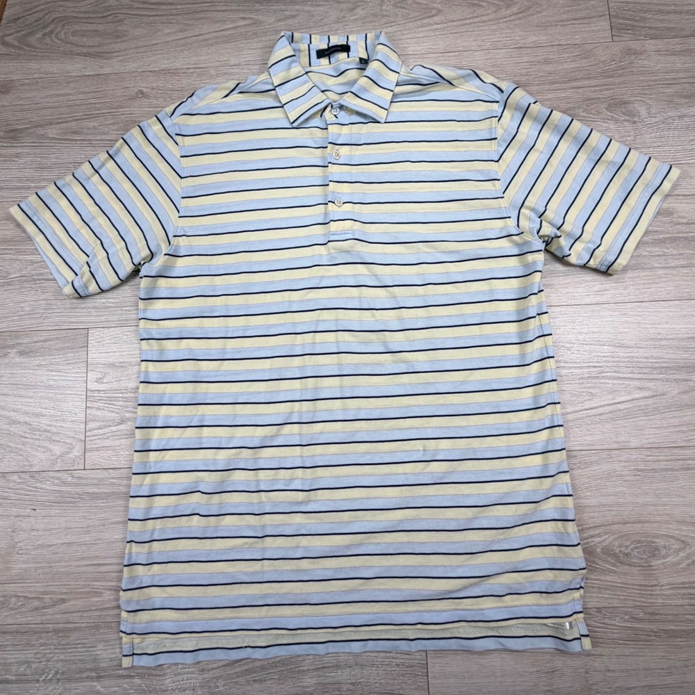 Turtleson Mens Large Pima Cotton Striped Polo Shirt Blue‎ Yellow Short Sleeve